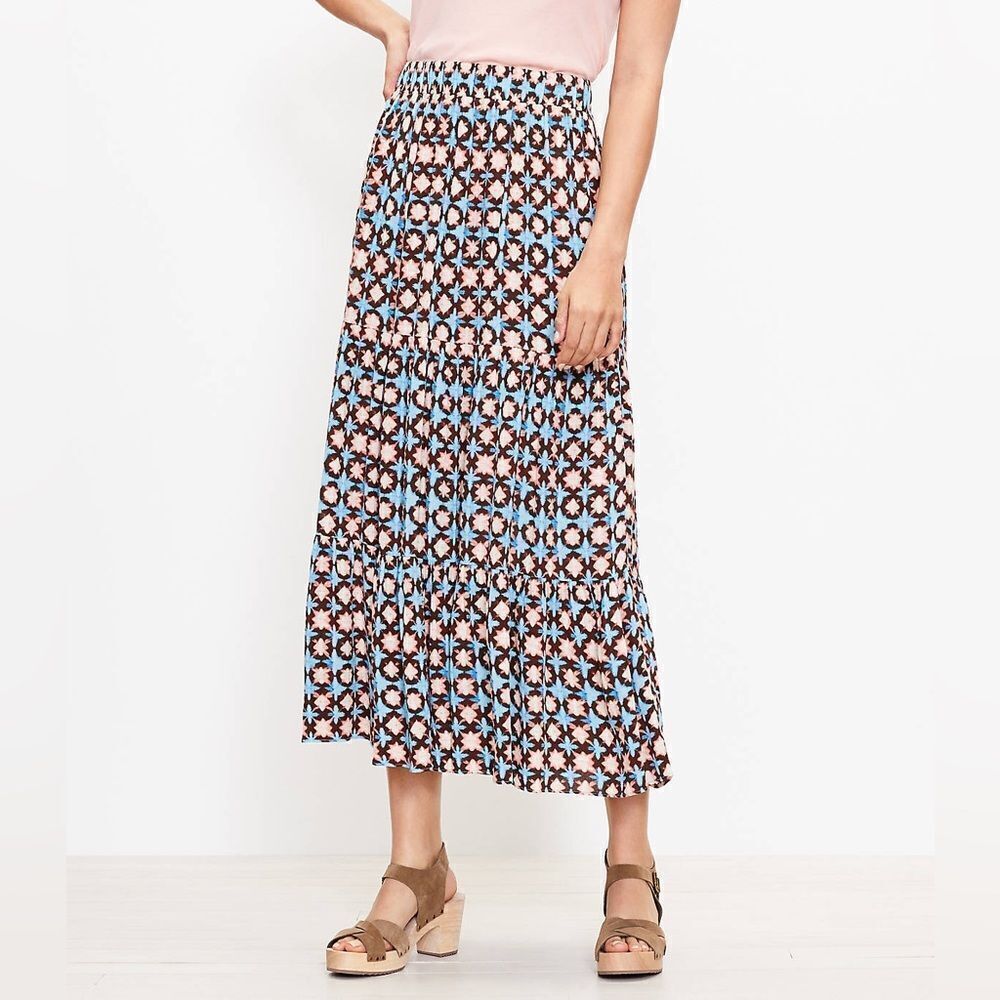 Loft Skirt Women’s MT Sunwashed Tiered‎ Blue & Tan Floral Patterned Pull On Maxi